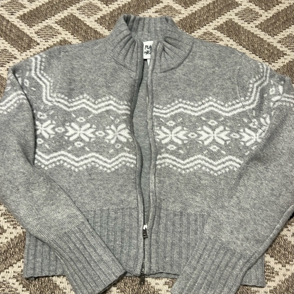 Planet Heart Zip Up Gray with white snowflakes Medium Cardigan Sweater
